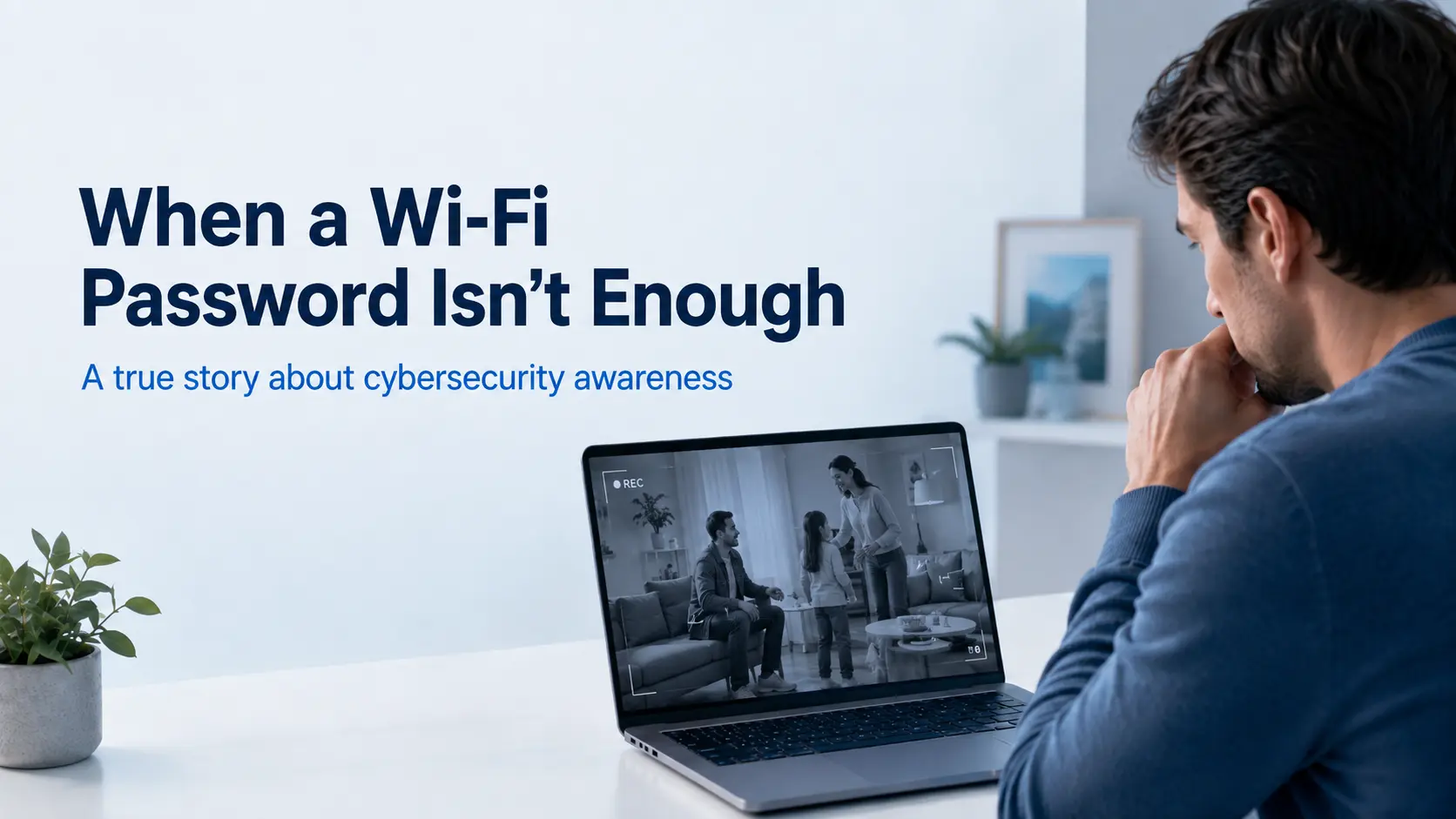 Man at a desk viewing black and white home security camera footage of his family on a laptop, beside the title When a Wi-Fi Password Isn't Enough.