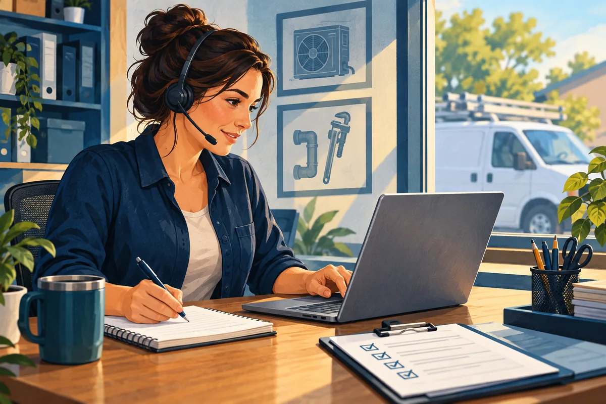 An illustrated office coordinator wearing a headset reviews notes beside a laptop and checklist, with a service van outside the window.