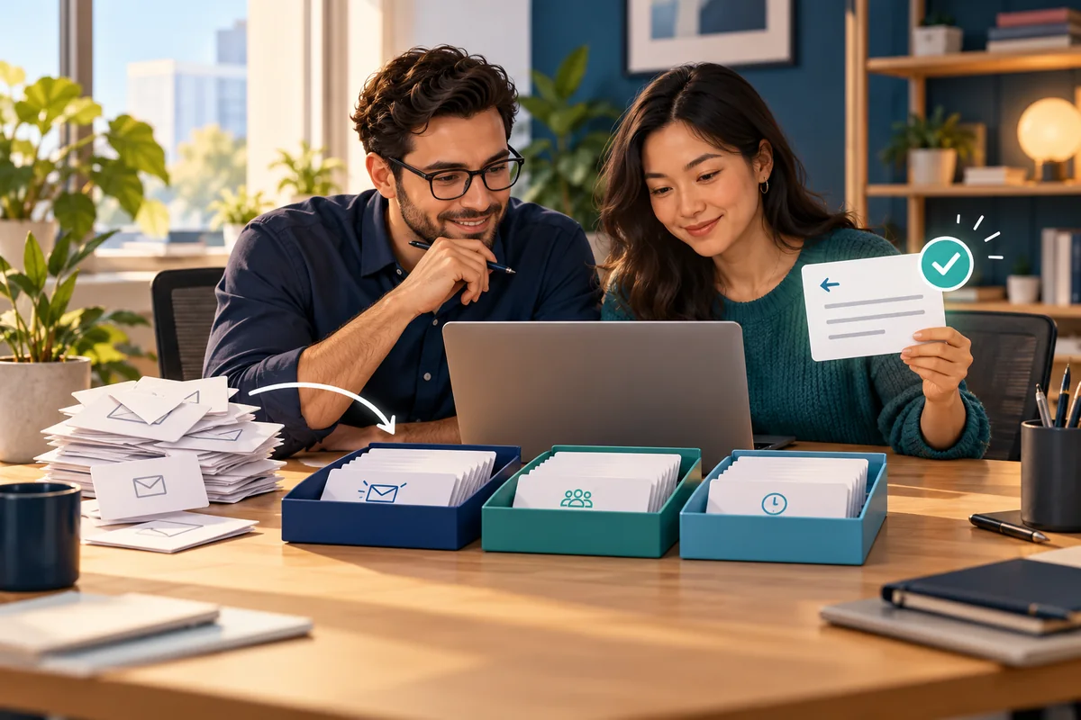 Two illustrated office colleagues review a laptop and a reply card beside three trays of sorted messages.