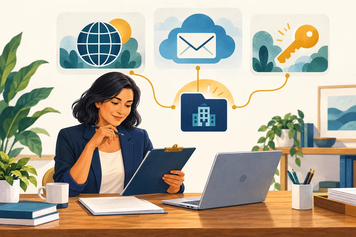 An illustrated business owner checks a clipboard beside a laptop, with domain, cloud email and recovery-key symbols above the desk.