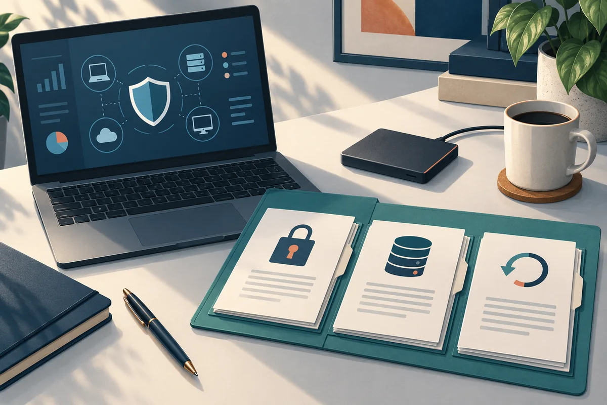 Illustrated desk with a laptop security display, an external drive and an open folder of lock, backup and recovery symbols.