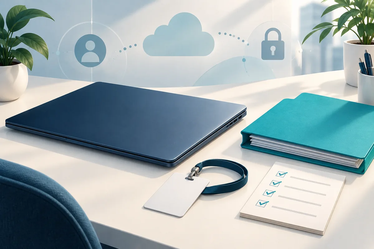 Editorial illustration of a closed laptop, blank access badge, teal folder and checklist on an office desk.