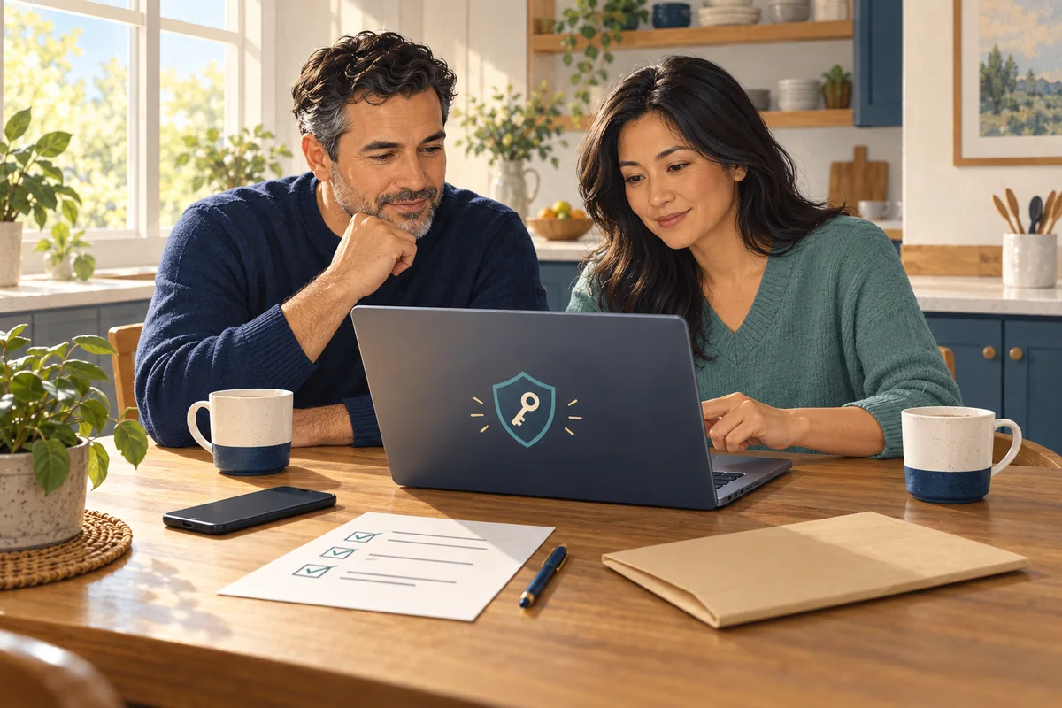 Two adults review a laptop at a kitchen table beside a phone, checklist and closed envelope.