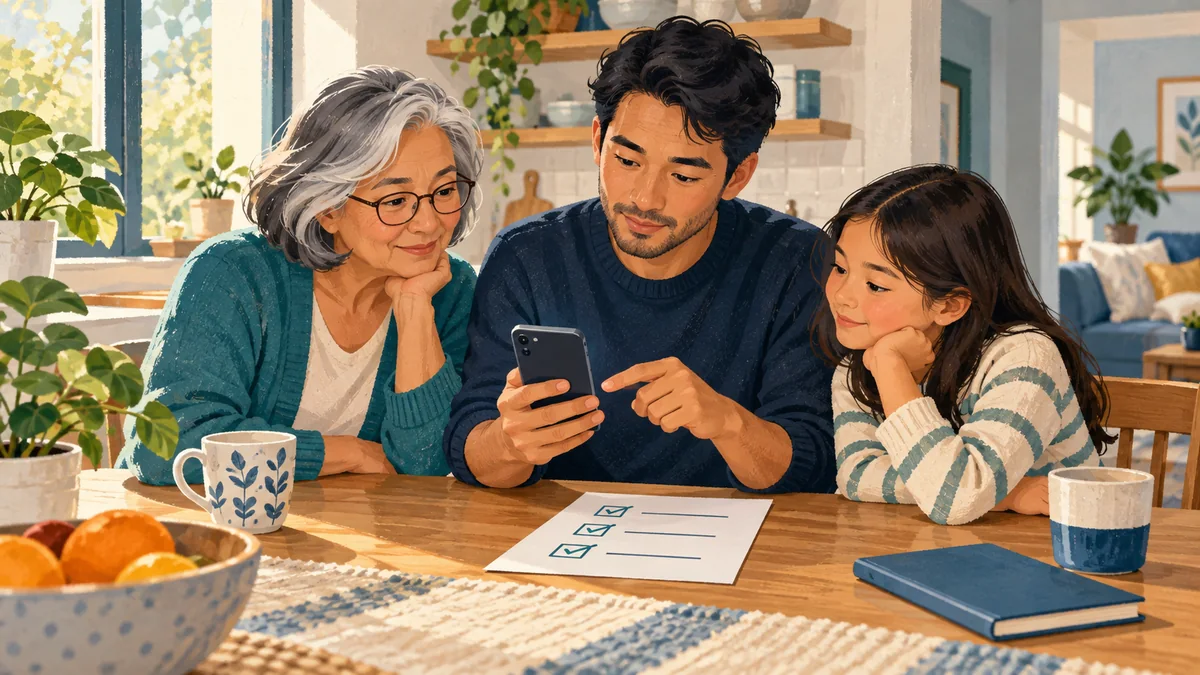 Illustrated family reviewing a smartphone and a simple checklist together at a kitchen table.