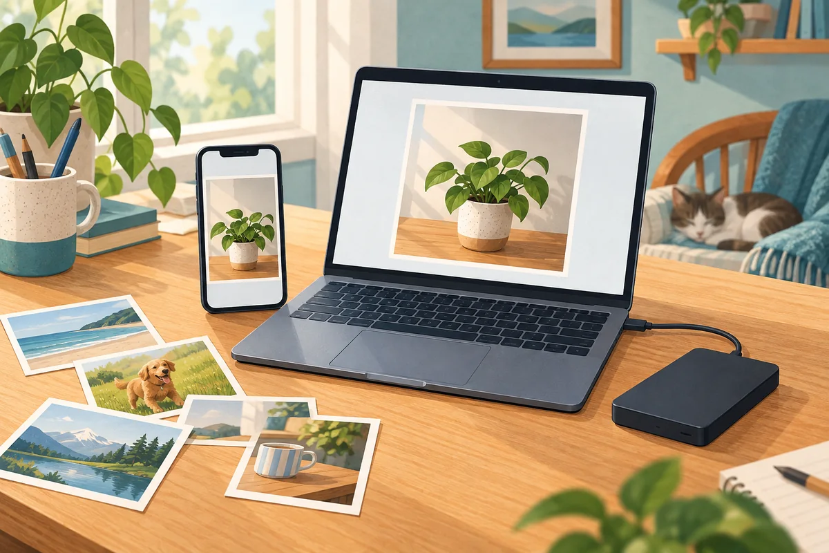 A phone and laptop display the same plant photo beside an external drive and printed snapshots on a home desk.