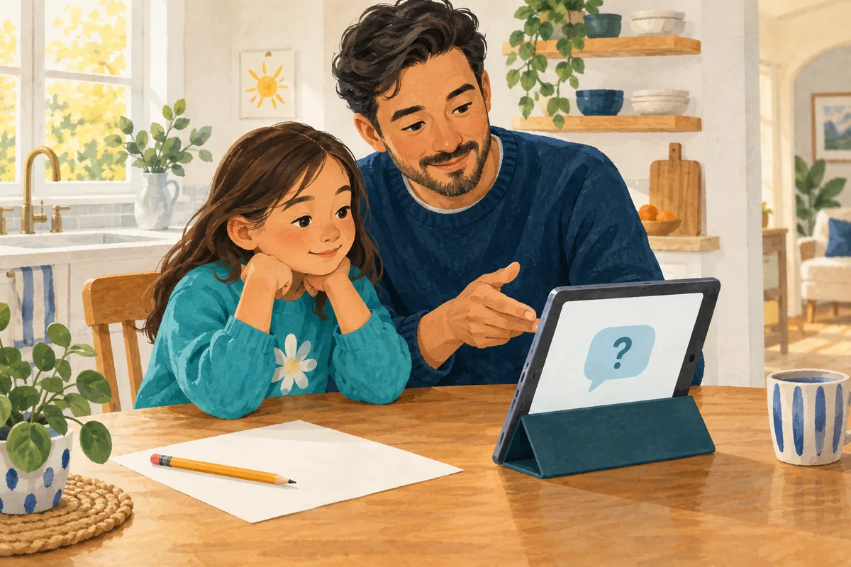 Illustration of a parent and child discussing a question-mark message on a tablet at home.