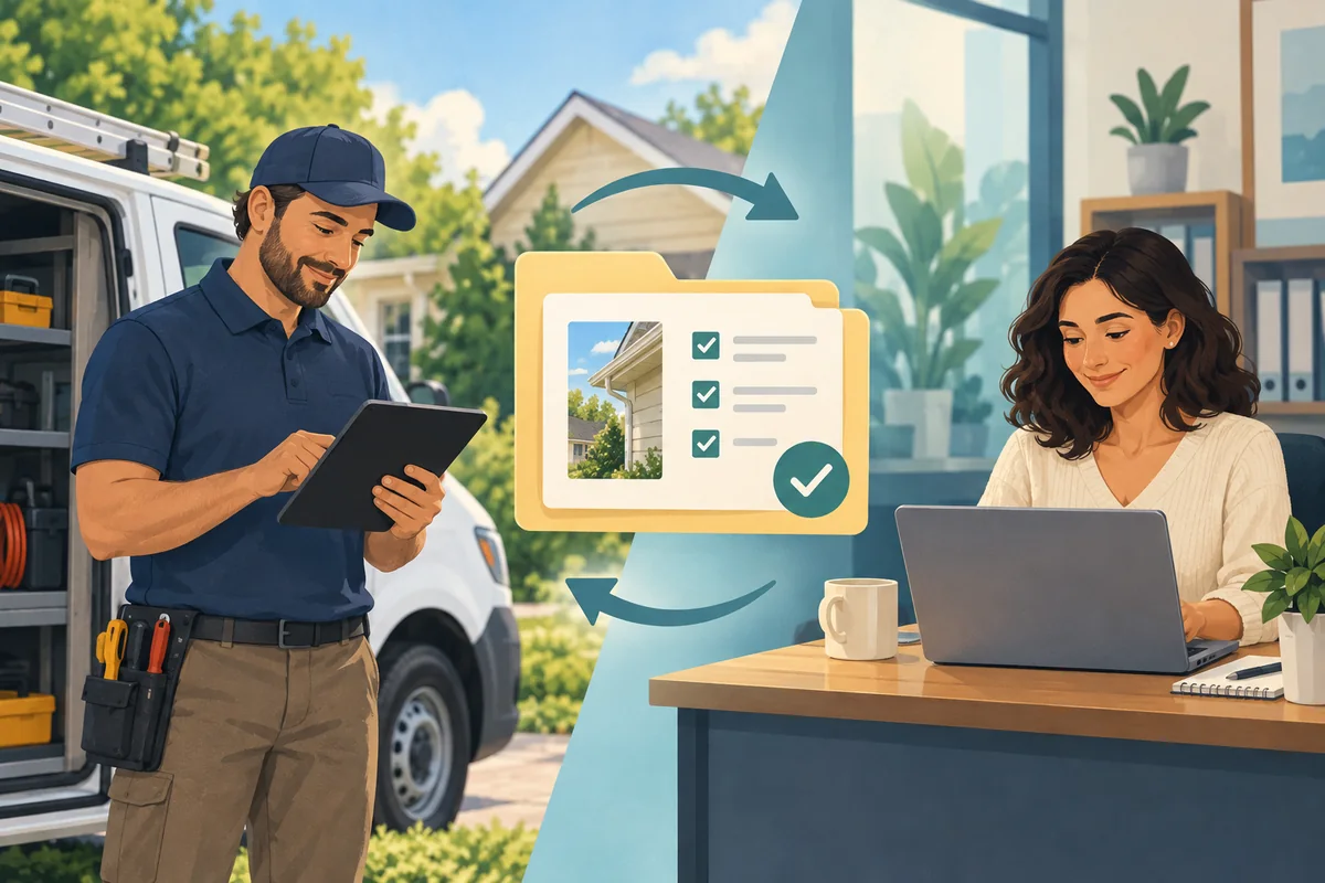 Illustrated technician using a tablet beside a van and an office coordinator at a laptop, connected by a job folder with a checklist and photo.