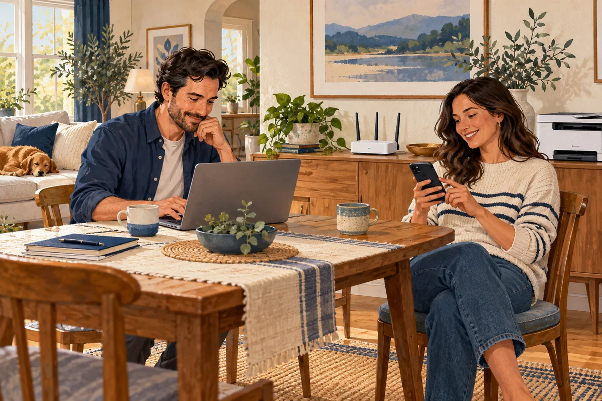 Illustration of two adults using a laptop and phone at a dining table, with a router and printer on a sideboard.