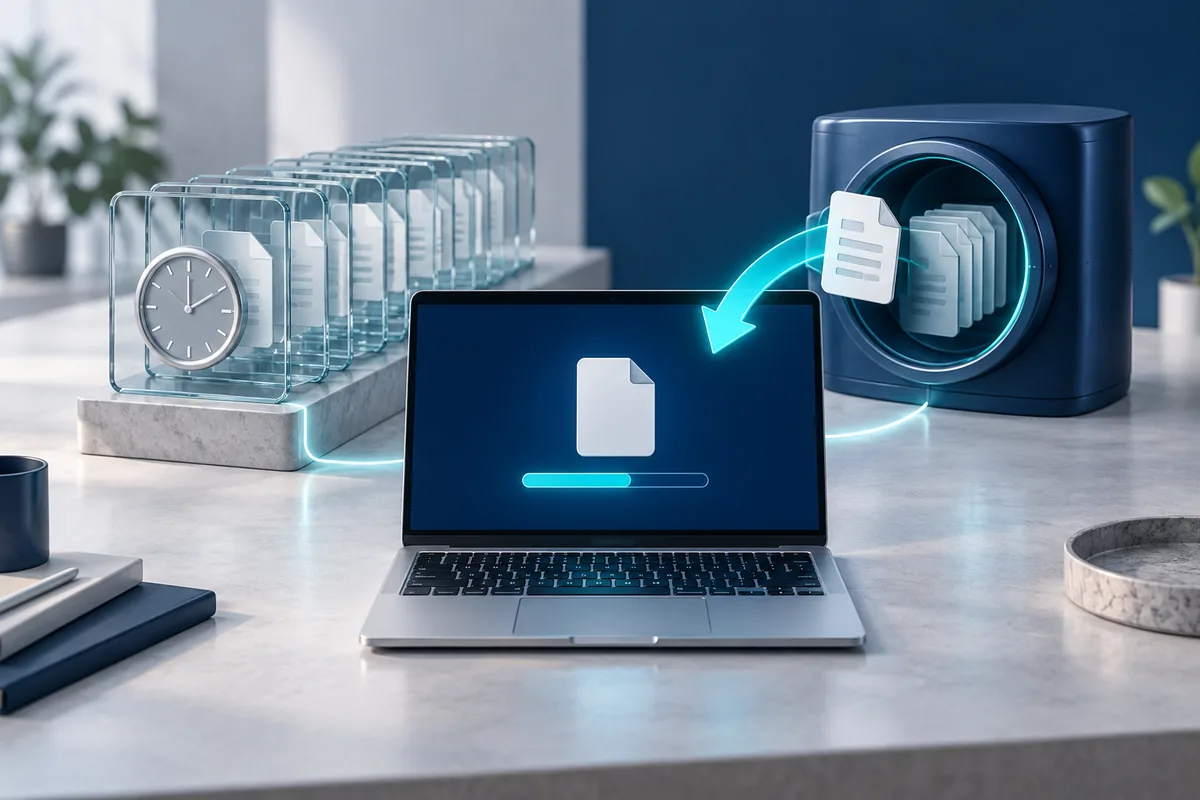 Conceptual illustration of a laptop restoring a document beside saved file versions and a backup vault.