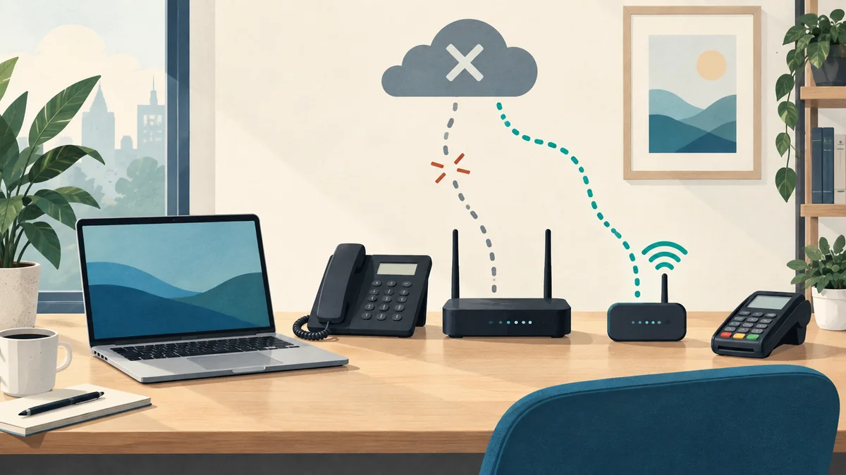 Illustrated office desk with a laptop, phone, payment terminal, router and cellular backup hotspot.