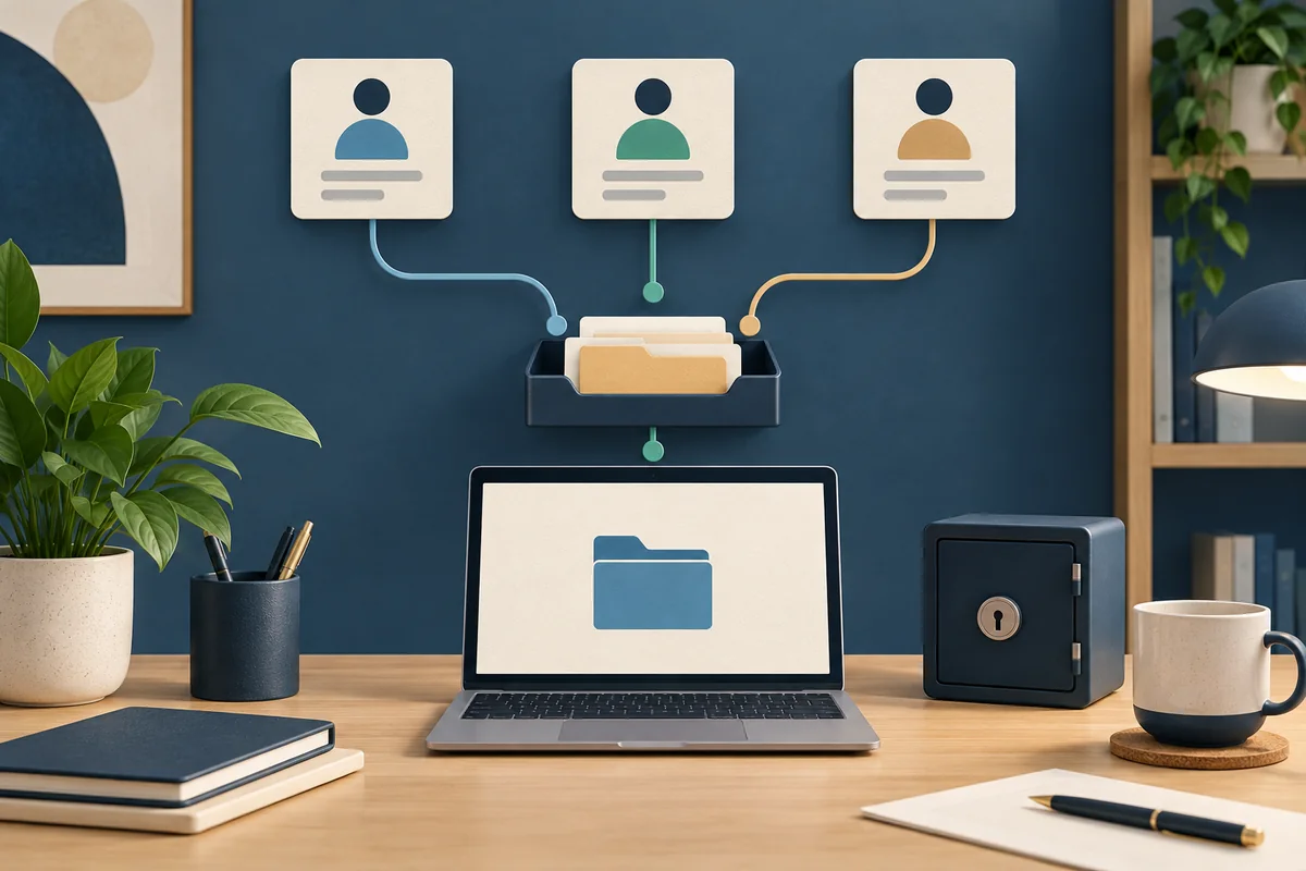 Three individual account cards connect to a shared inbox above a laptop, with a closed key safe beside it.