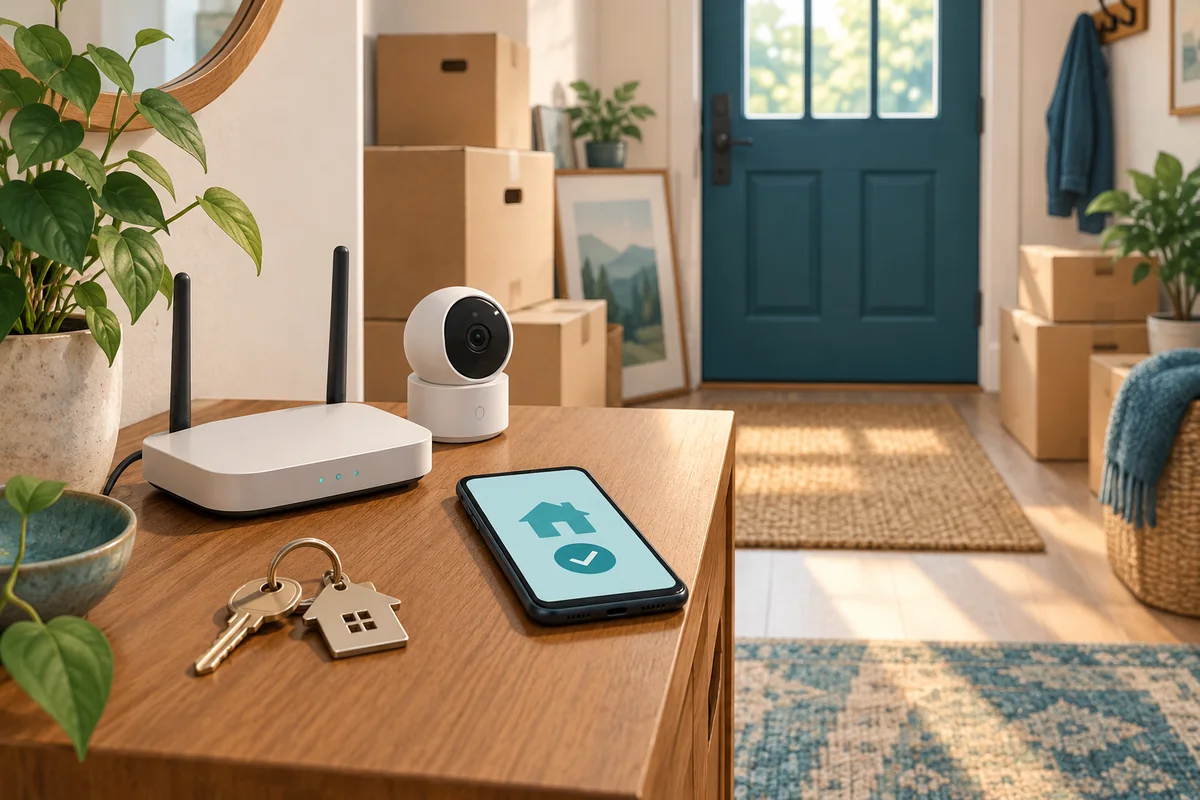 House keys, a Wi-Fi router, a home camera and a phone beside moving boxes in an entryway.