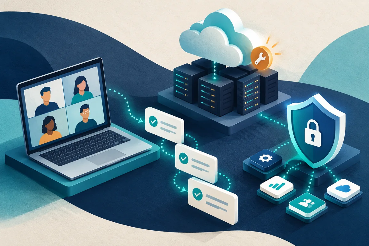 An illustrated video meeting connects to completed tasks, cloud servers and a shield protecting business applications.