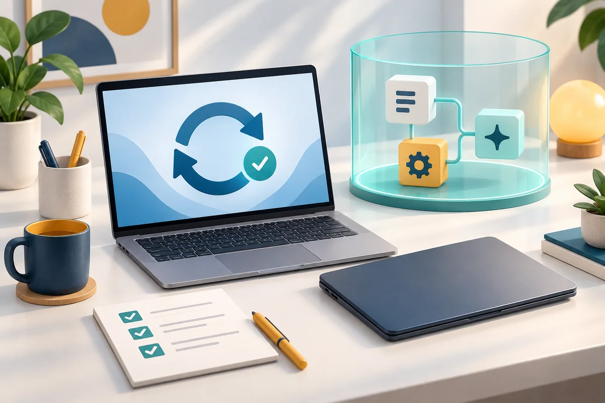 Illustrated laptop with an update symbol beside a checklist and connected task blocks inside a teal boundary.