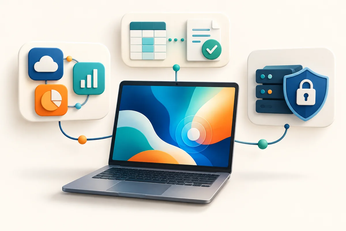 A generic laptop surrounded by connected app tiles, a spreadsheet with a source check and a shield beside a server.