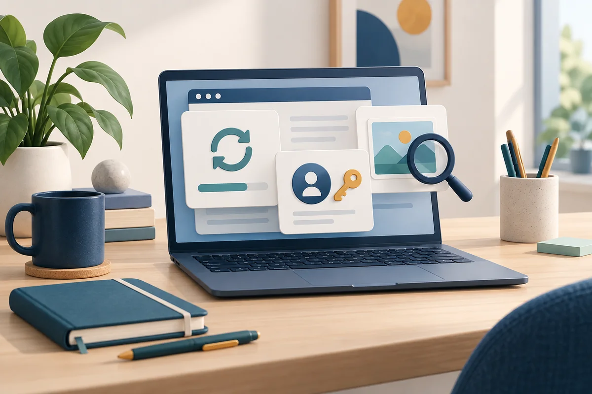 Illustrated laptop with browser-update, account-key and visual-search symbols on a desk.