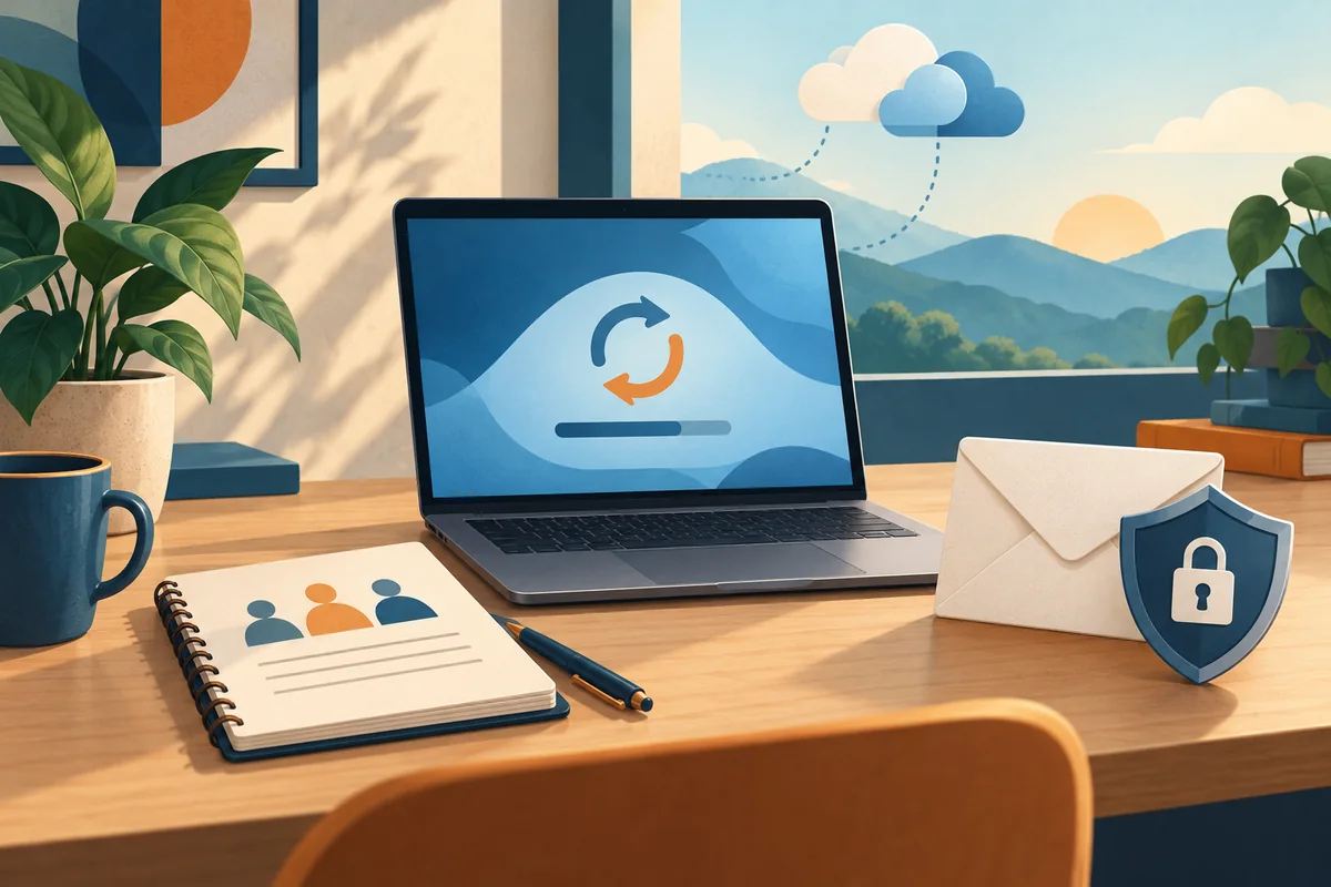 Illustrated laptop with an update symbol, a meeting notebook and an envelope beside a shield.