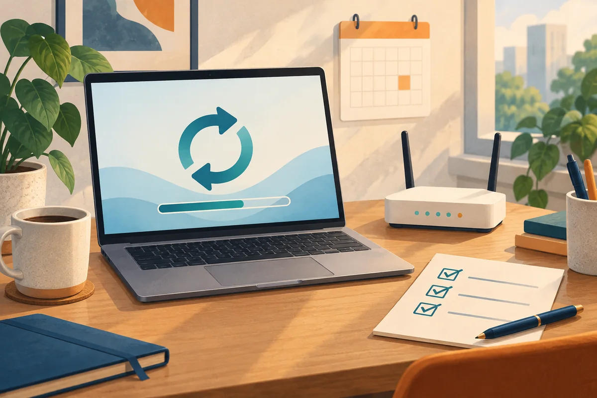 Illustrated laptop showing an update symbol beside a router, calendar and three-item paper checklist.
